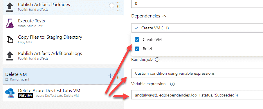 Dependencies and conditions on delete VM step