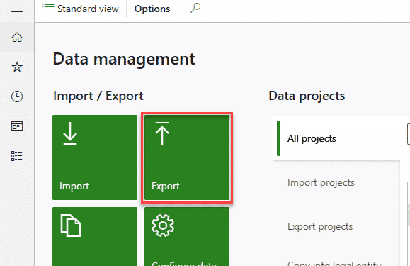 Data management workspace: Export