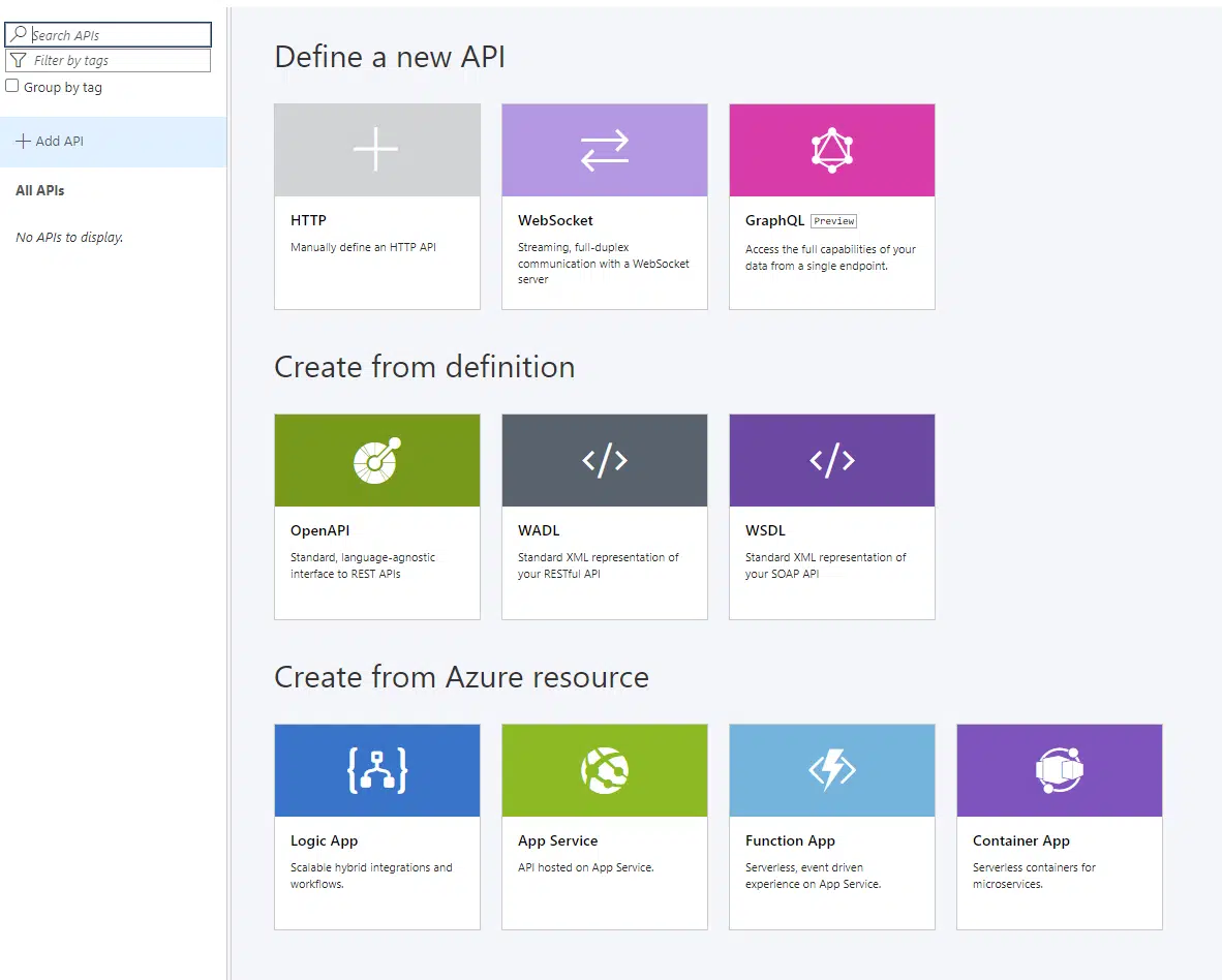 Azure APIM Management new API screen