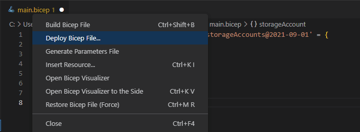 Desplegando un archivo Bicep desde VS Code