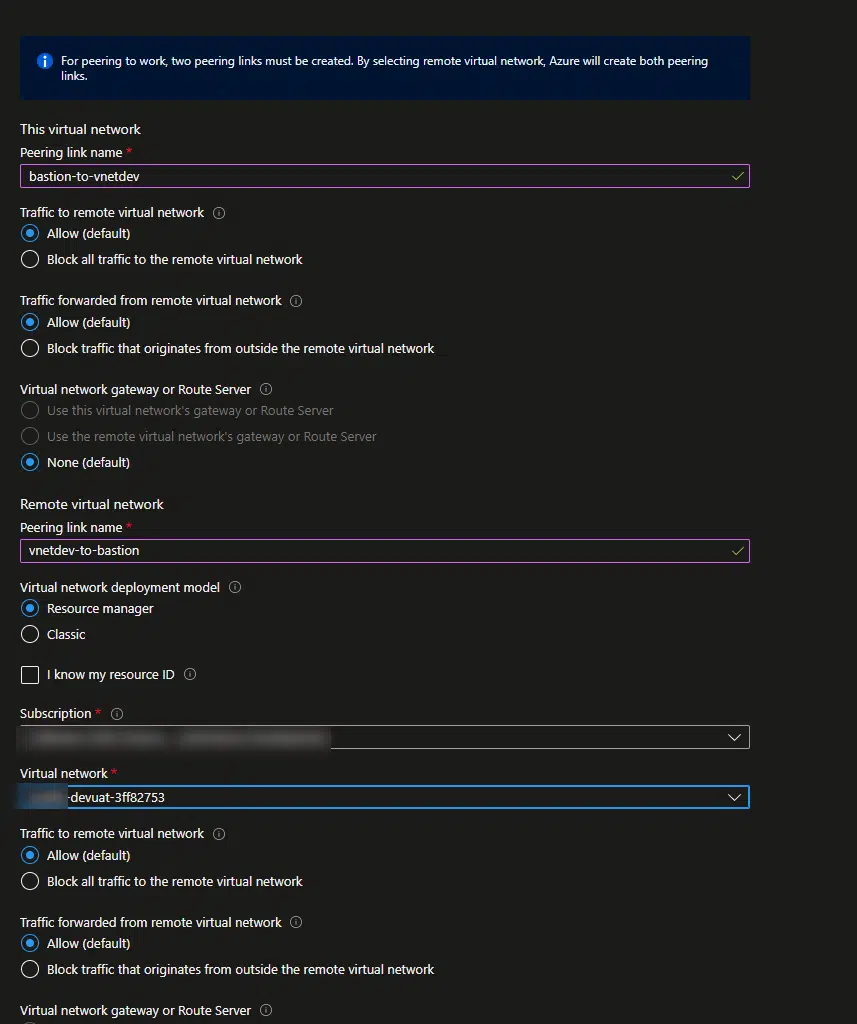 Virtual network peering setup