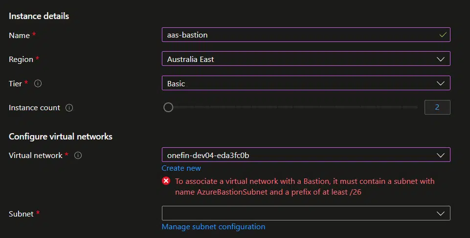 Azure Bastion subnet warning