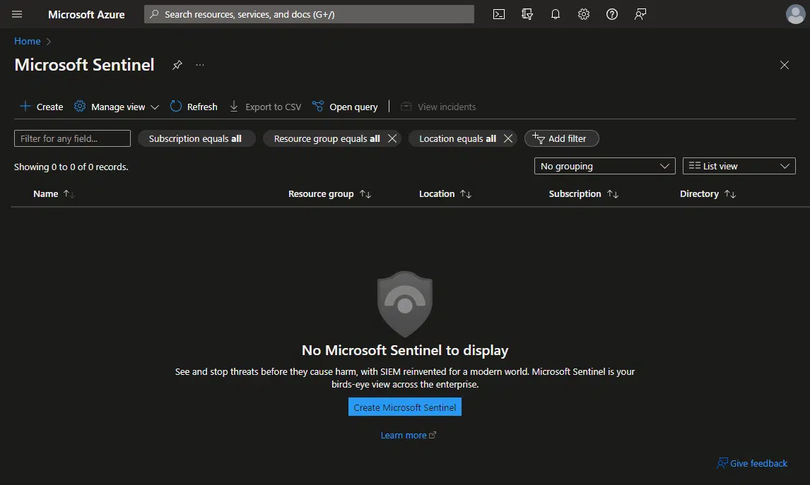 Workspace de Microsoft Sentinel en su suscripción a Azure