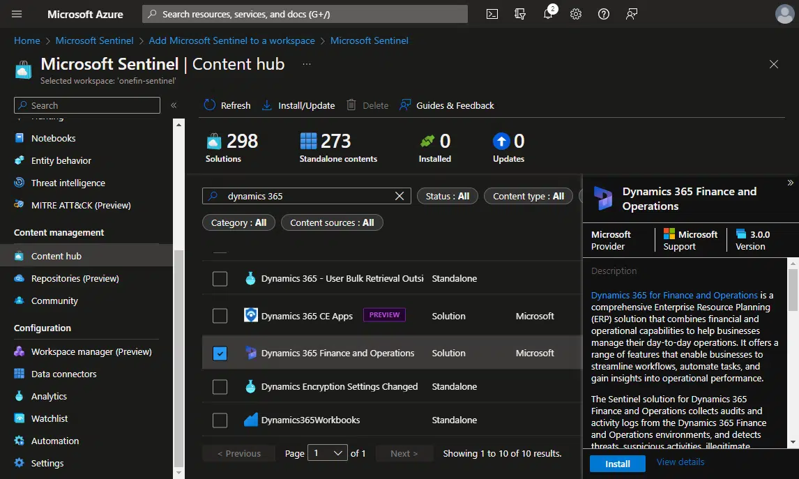 Install the Dynamics 365 Finance and Operations solution in Microsoft Sentinel