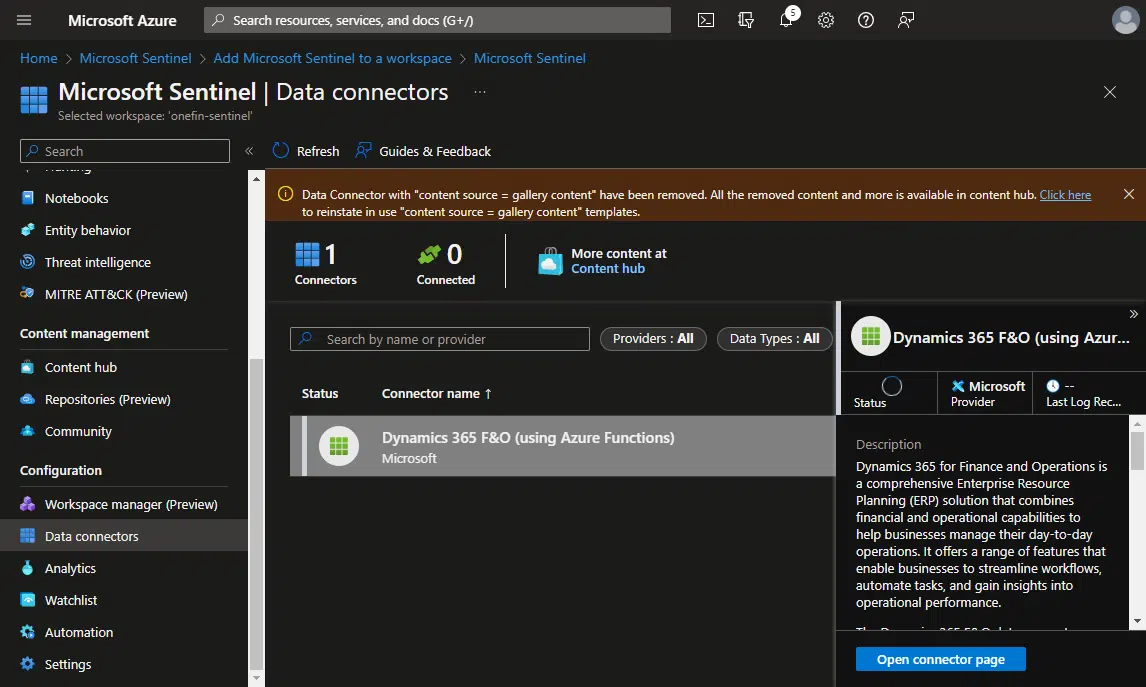 Microsoft Sentinel data connector for Dynamics 365 F&O