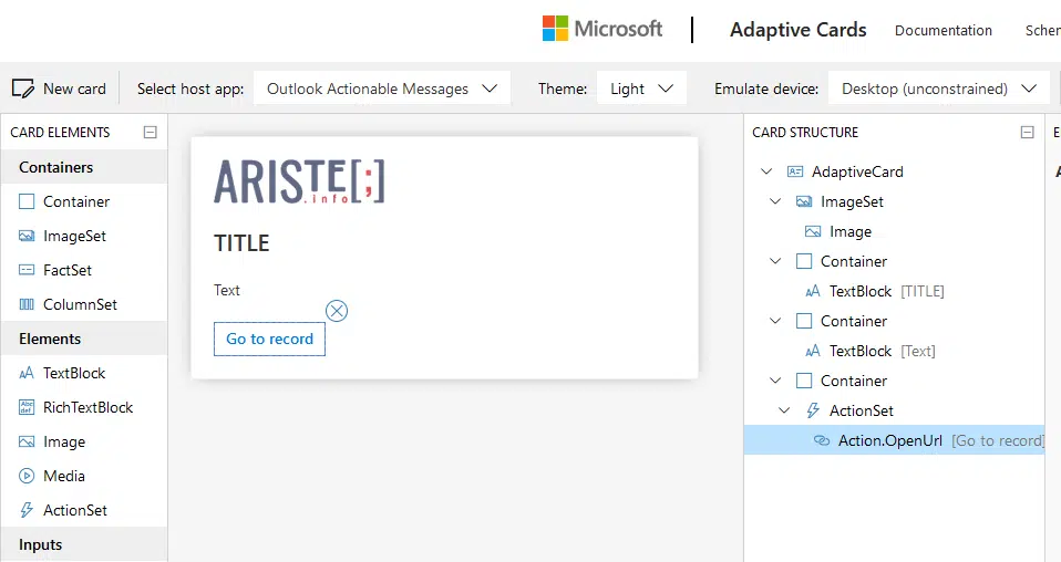 Adaptive card para email de Outlook 