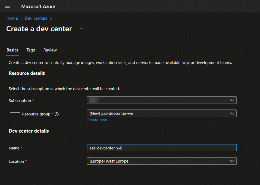 Create a dev center on Azure