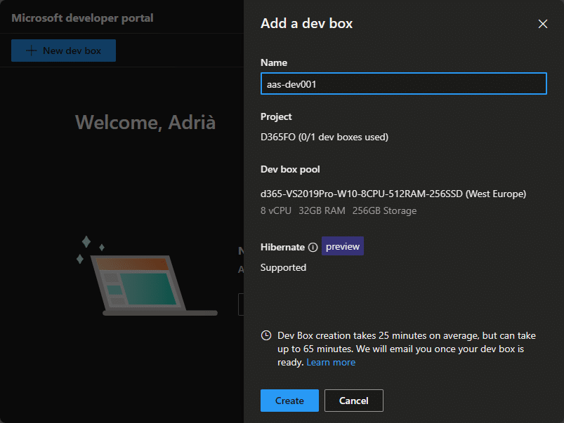 Creación de una nueva Dev box