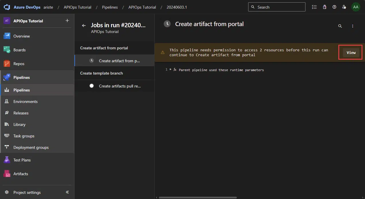 This pipeline needs permission to access 2 resources before this run can continue to Create artifacts from portal