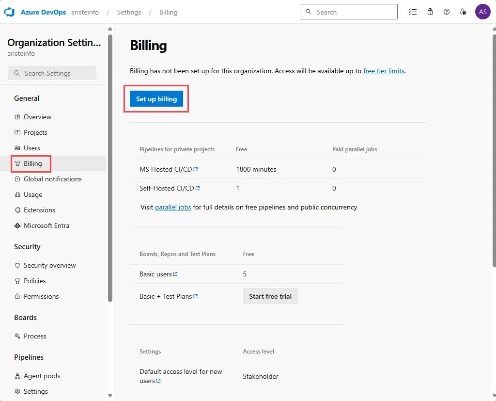 Configure billing in Azure DevOps