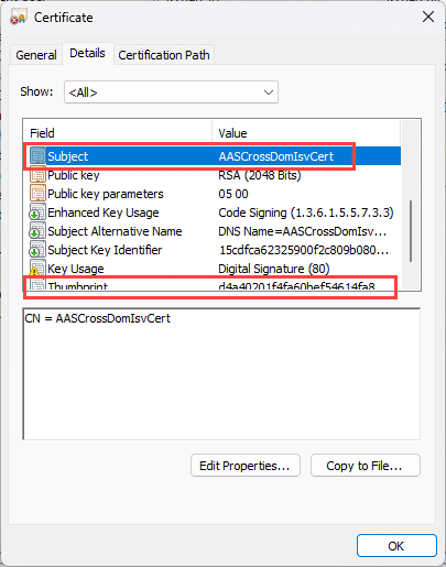 Subject and Thumbprint on certificate details