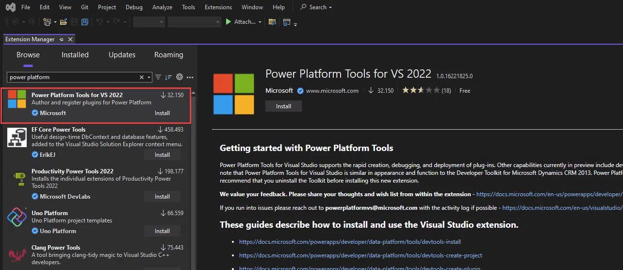 Install Power Platform Tools for VS 2022 extension