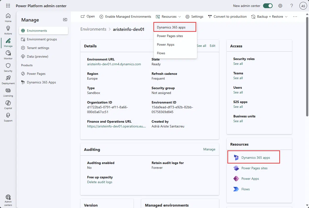 Dynamics 365 apps in PPAC