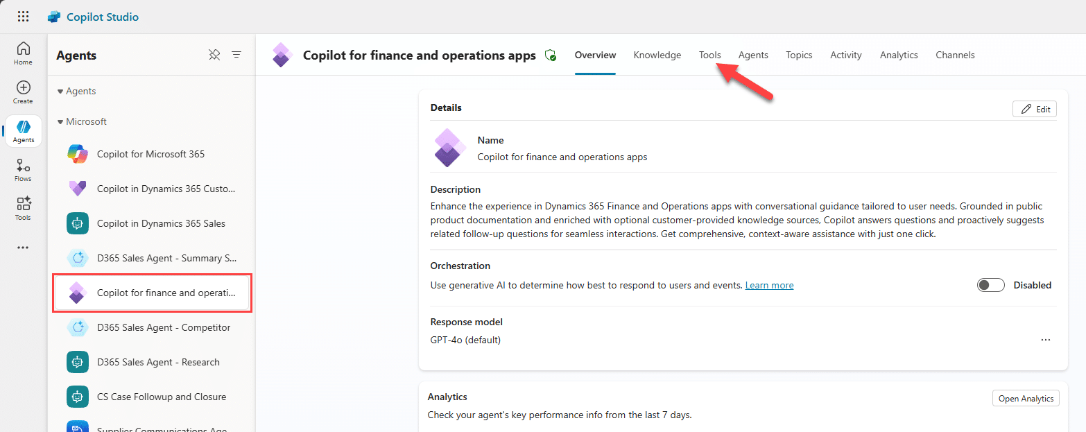 Tools tab in Copilot for finance and operations agent