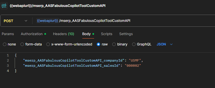 Postman call to the Dataverse Web API action