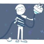 A cartoon of a man holding a giant electricity plug and a rubber duck looking at him.