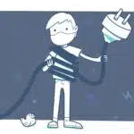 A cartoon of a man holding a giant electricity plug and a rubber duck looking at him.