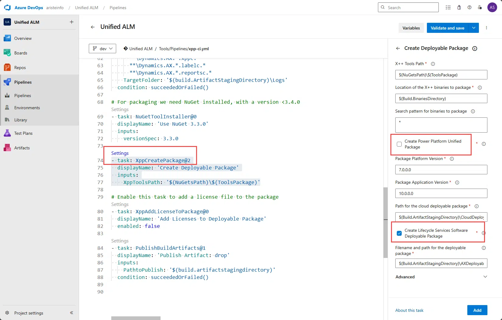 XppCreatePackage@2 settings